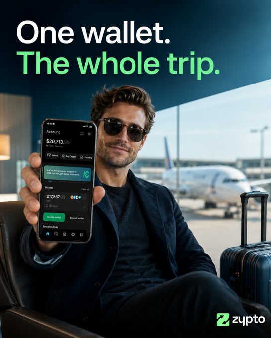 An advertisement for the Zupto crypto wallet featuring the text 'One wallet. The whole trip.' and showing a man in sunglasses holding a smartphone displaying account balances of $20,713 and $17,567 in an airport setting.