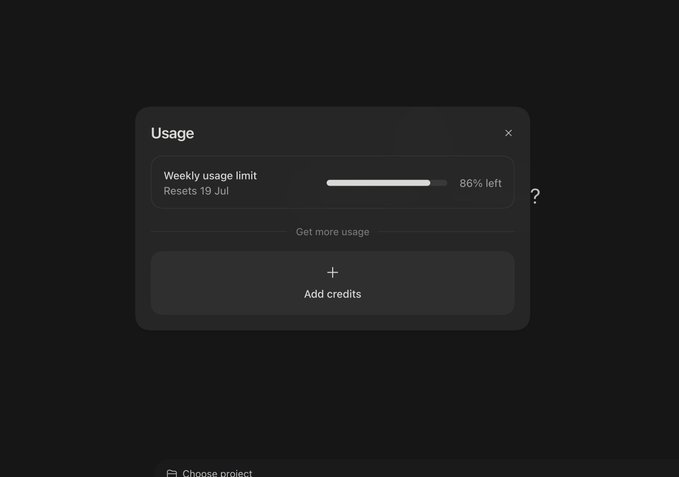A usage panel displays a "Weekly usage limit" showing 86% remaining with a reset date of 19 Jul, along with an "Add credits" option and a question mark icon—suggesting the user is puzzled about how they still have 86% left while others claim their weekly limits reset.