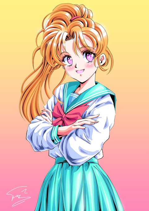 An anime-style illustration of a girl with long blonde hair in a sailor uniform with a pink bow and teal skirt, against a yellow to pink gradient background.
