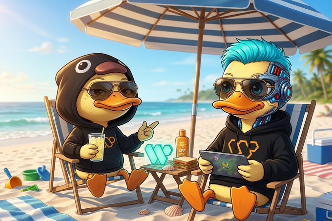 The image features two cartoon ducks sitting at a table with drinks and snacks while wearing sunglasses. The text "gQuack quackers! I know a lot of y’all are constantly checking your @wallchain select Telegram bot to know if you’ve been selected for any of the campaigns Chillax, it will happen one way or another, no need to be restless... Here are my plans for today: 1. Visit the". The ducks appear to be enjoying their time at the beach and are likely discussing their plans for the day.