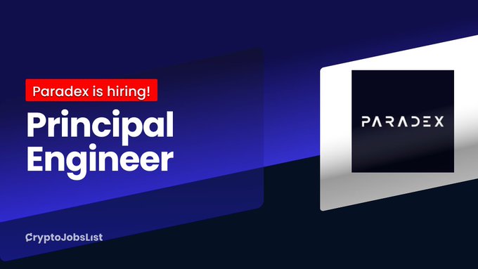 A job recruitment graphic announces that "Paradex is hiring!" for a Principal Engineer position, featuring the Paradex logo on a stylized laptop display alongside the CryptoJobsList branding, directly promoting the engineering role highlighted in the accompanying post.