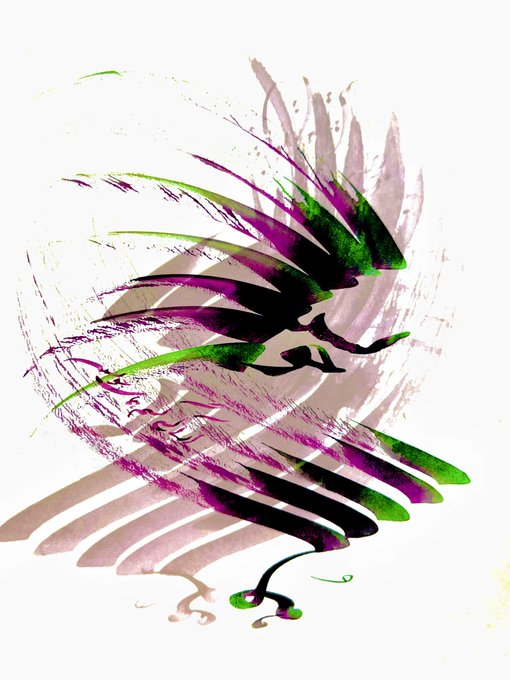 An abstract digital artwork featuring swirling brushstrokes in shades of purple, green, black, and beige against a white background.
