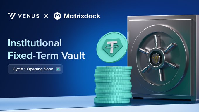 The image features a bank vault with blue bars, surrounded by small stacks of green dollar bills stacked on top of each other inside a display case. Below the image, there's a caption that reads " Soon on @BNBCHAIN. The Fixed-Term Vault opens Cycle 1. → Supply $USDT backed by @matrixdock XAUm collateral → 
30-day term & Target rate -~5.4% → 1M $USDT capacity". This text description provides further context to the visual elements in the image, emphasizing that the vault is open and ready for business operations.