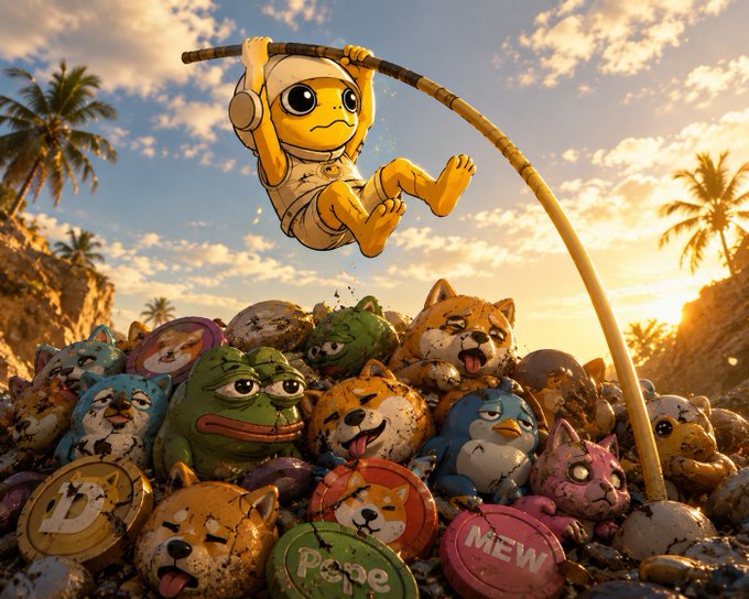 A digital artwork featuring a yellow character wearing a spacesuit swinging on a vine over a pile of cat-like doge figures and crypto coins labeled 'D', 'Pepe', and 'MEW', set against a sunset beach scene.