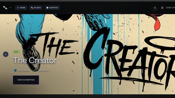 A website banner promoting an exhibition titled 'The Creator' by an artist named AKA CHAMIBO, hosted on 'CHAZZGOLD', featuring stylized graffiti-style artwork of a person on a blue background.