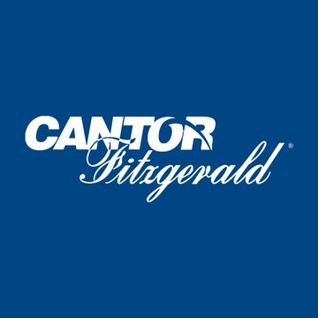 The image shows the Cantor Fitzgerald logo in white script-style lettering against a blue background, the branding of the Wall Street banking firm issuing the bullish $BTC announcement.