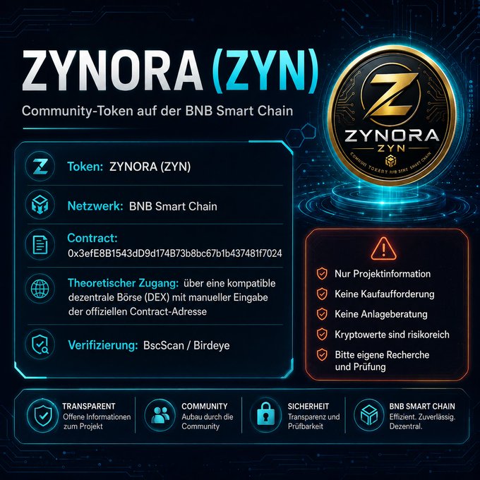 Promotional graphic for 'ZYNORA (ZYN)' community token on BNB Smart Chain, displaying contract address '0x3efE8B1543dD9d174B73b8bc67b1b437481f7024' and verification info via BscScan/Birdeye.