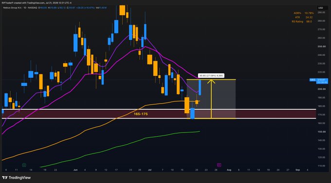 A TradingView candlestick chart for 'Nakdong Group Ag.' (1D, NASDAQ) showing a 49.65% potential gain toward a 215-290 range, with support at 165-175.