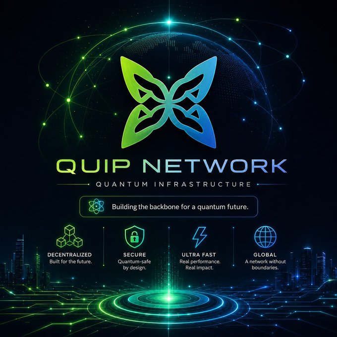 A futuristic promotional poster for 'QUIP NETWORK - QUANTUM INFRASTRUCTURE' featuring a butterfly logo and slogans 'DECENTRALIZED', 'SECURE', 'ULTRA FAST', and 'GLOBAL'.