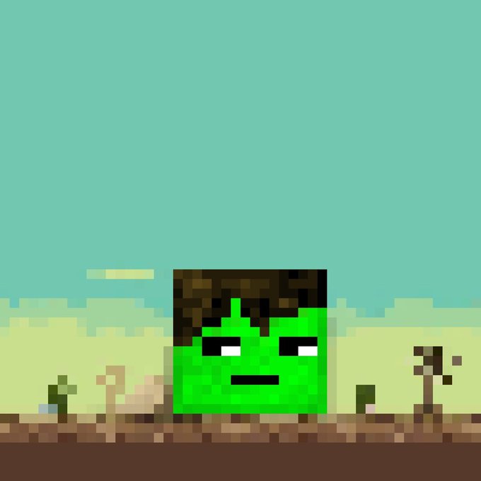 Pixel art illustration of a green block-headed character with brown hair standing in a stylized landscape with a light green sky and pixelated terrain.