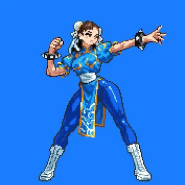 A pixel art sprite of Chun-Li from Street Fighter wearing her signature blue qipao dress, performing a fighting stance with arms extended against a solid blue background.