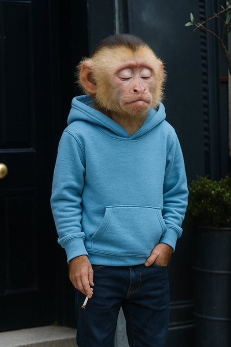 An AI-generated image of a young monkey wearing a light blue hoodie and jeans, standing with eyes closed and holding a cigarette.