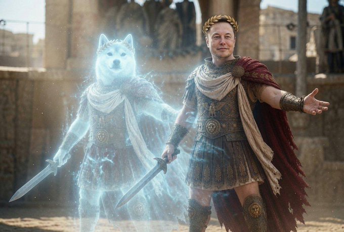 The image features a man dressed in medieval-style armor standing next to a white dog with a cape that appears to be glowing. The man is holding a sword, while the dog has a shield on its back. In the background, there are two statues of people and a building. A caption below the image reads "Happy birthday, Elon Musk. May you be as strong as the warrior Dogeus."