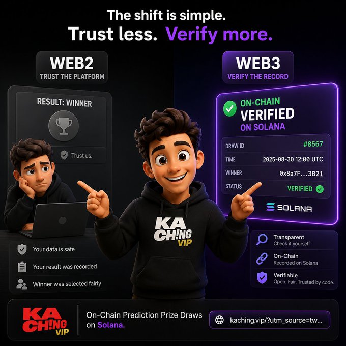 A Kaching VIP promotional graphic contrasting WEB2 'Trust the Platform' with WEB3 'Verify the Record' on Solana, featuring cartoon characters and on-chain verification details.