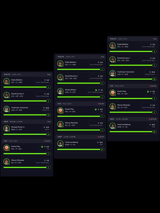 The image shows three betting slips from MLB and MMA events featuring picks on Drake Baldwin, Ronald Acuña Jr., Yoshinobu Yamamoto, Dustin May, Manny Machado, Michael Porter Jr., and Travis Lyngdoh, with odds ranging from +55 to +916. These parlay slips appear to be promoted as part of the $900 giveaway, serving as examples of the betting selections that contributed to a 1.15x multistrike win displayed at the top.