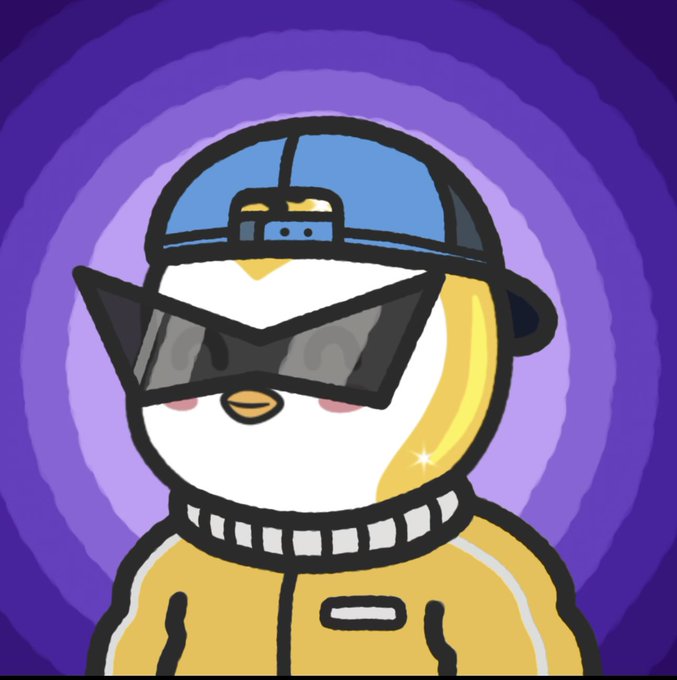 A cartoon illustration of a white penguin or bird character wearing a blue backwards cap, oversized black sunglasses, a gold chain, and a yellow jacket against a purple swirled background.
