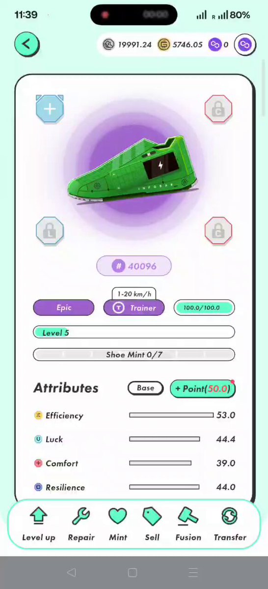 The image shows a phone screen displaying an app called "Mint Epic", which appears to be a game or a mobile application. The app has a purple background with white text, and there are several icons representing different aspects of the app's interface. One of these icons is for a green shoe, indicating that the user can interact with the app by selecting items from this icon. The phone screen also shows a list of attributes about the app, such as its name, description, and available features.