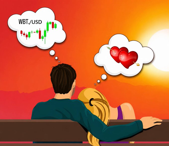 An illustration of a couple sitting together watching a sunset, with the man thinking about a 'WBT/USD' candlestick chart and the woman thinking about hearts pierced by Cupid's arrows.
