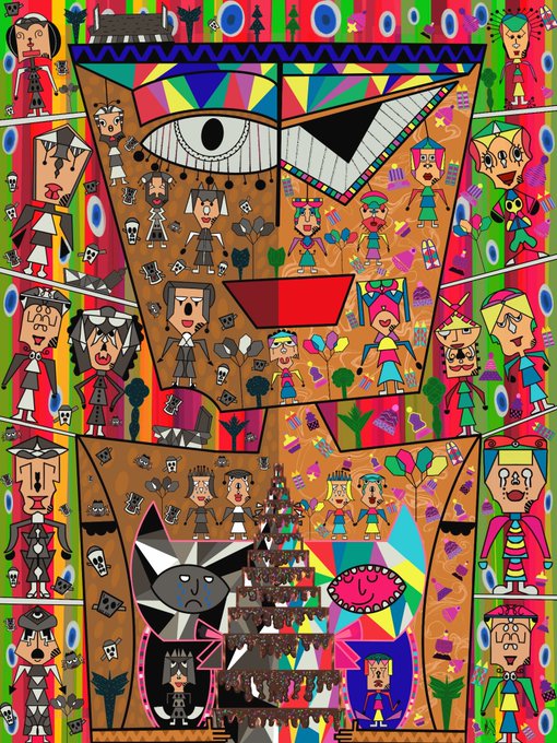 A colorful, psychedelic-style artwork featuring a large central face with one eye closed and a wide smile, surrounded by numerous cartoon characters, skulls, flowers, and abstract shapes.