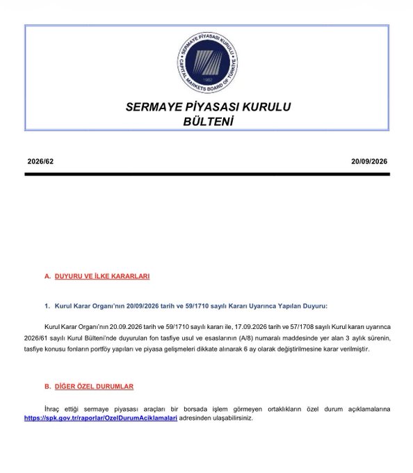 This image is the Turkish Capital Markets Board (Sermaye Piyasası Kurulu) Bulletin dated 20/09/2026 (issue 2026/62), which announces that the Board has extended the liquidation period of a fund from 3 years to 6 years, and includes a link to detailed special circumstances affecting a securities intermediary, directly relating to the accompanying post's questions about orders submitted before September 17 at 13:30 and the subsequent liquidation timeline extension.