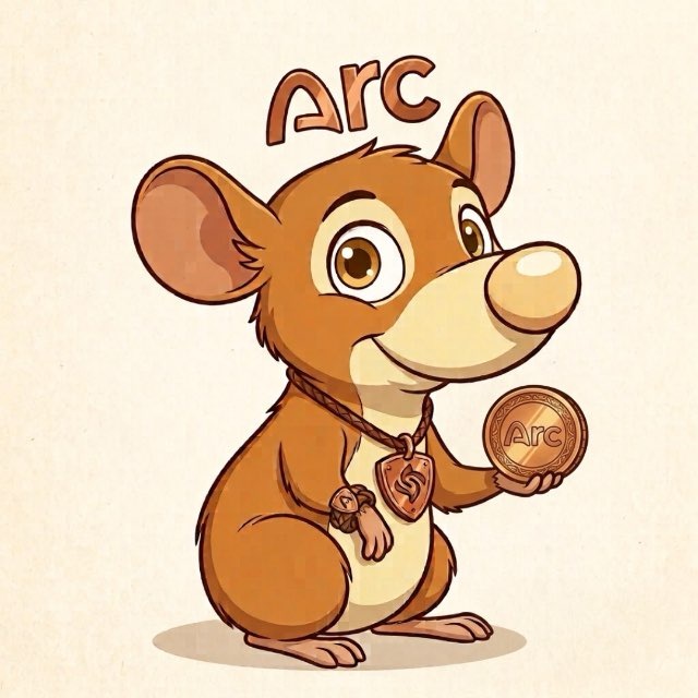 A cartoon illustration of a brown mouse character wearing a necklace with an 'S' pendant, holding a gold coin labeled 'Arc', with the word 'Arc' displayed in stylized letters above its head against a beige background.