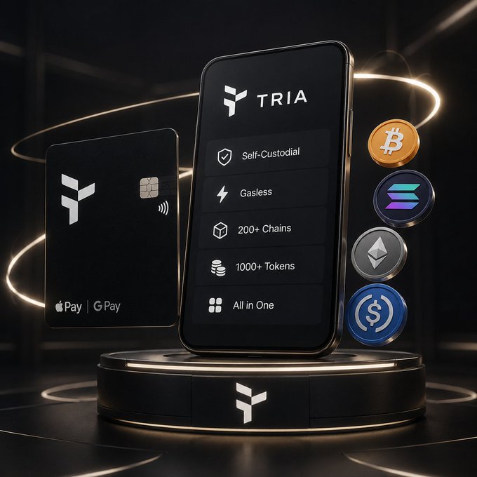 The image showcases the Tria app on a smartphone, highlighting features like "Self-Custodial," "Gasless," "200+ Chains," "1000+ Tokens," and "All in One," alongside a sleek black crypto card supporting Apple Pay and Google Pay, with Bitcoin, Solana, Ethereum, and USDC icons displayed on a futuristic pedestal. This visual ties directly to the post by emphasizing Tria's gasless, multi-chain functionality that simplifies asset management, reinforcing the user's point about eliminating wasted time moving crypto around.
