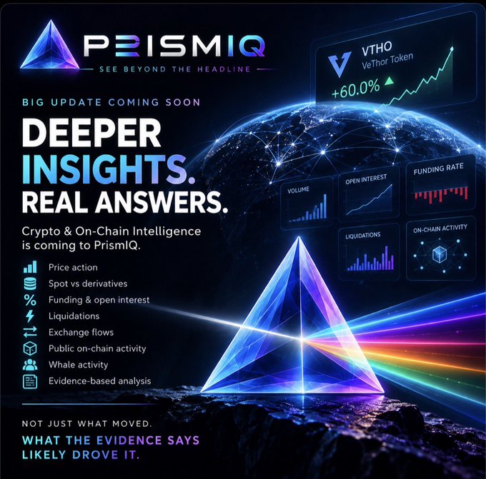 Promotional graphic for PrismIQ announcing a big update with 'Deeper Insights. Real Answers.' for Crypto & On-Chain Intelligence, featuring metrics like Price action, Spot vs derivatives, Whale activity, and Evidence-based analysis, alongside a VTHO VeThor Token chart showing +60.0%.