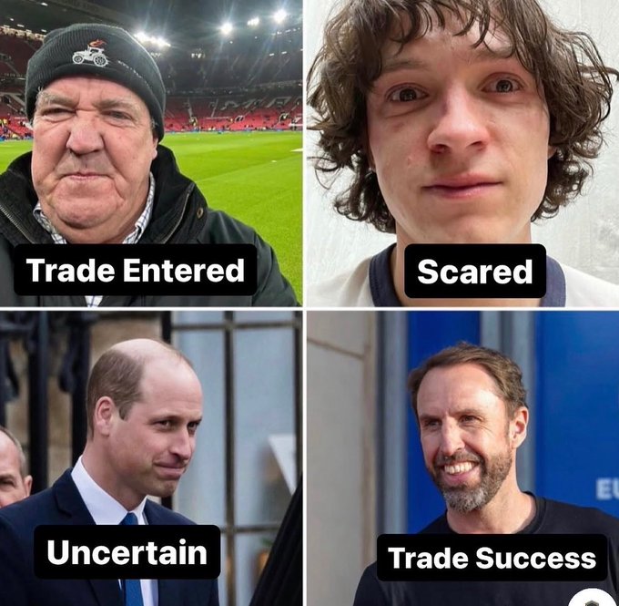 A four-panel meme featuring different men with captions indicating stages of a trade: 'Trade Entered' (an older man in a stadium), 'Scared' (a young man), 'Uncertain' (Prince William), and 'Trade Success' (a smiling Gareth Southgate).