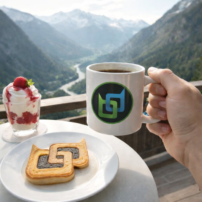 A hand holding a white mug with a green and blue logo on a table overlooking a mountain valley; the table also has a strawberry dessert and toast shaped like the letters 'G' and 'J'.