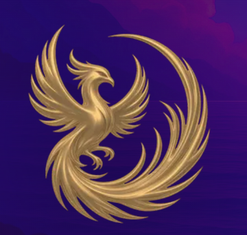 Golden phoenix emblem with spread wings displayed against a dark purple background.