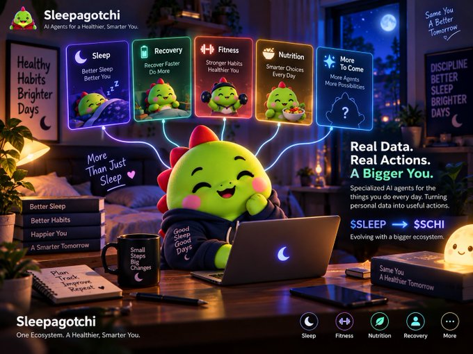 Marketing image for 'Sleepagotchi' featuring a green dinosaur character using a laptop at night, highlighting categories like Sleep, Recovery, Fitness, Nutrition, and More, with the text 'Real Data. Real Actions. A Bigger You.' and '$SLEEP → $CHI'.