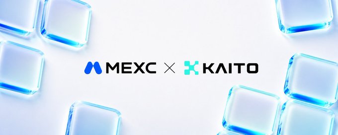 A promotional graphic featuring the logos 'MEXC' and 'KAITO' separated by an 'X' on a background of blue ice cubes.