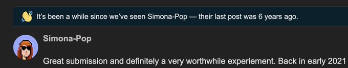 A Discord-style message from user 'Simona-Pop' reading 'Great submission and definitely a very worthwhile experiment. Back in early 2021', with a notification above noting the channel hasn't been posted in for 6 years.
