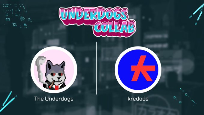 The image is a promotional graphic titled "UNDERDOGS COLLAB" featuring two circular icons side by side: "The Underdogs" represented by a pixel-art husky character on the left, and "kredoos" represented by a blue circle with an orange asterisk-like symbol on the right, set against a dark pixelated cityscape background. The graphic visually represents the collaboration announcement between the two projects, highlighting Kredoos' involvement in bringing hand-drawn samurai NFTs and an onchain fighting game to Robinhood Chain.