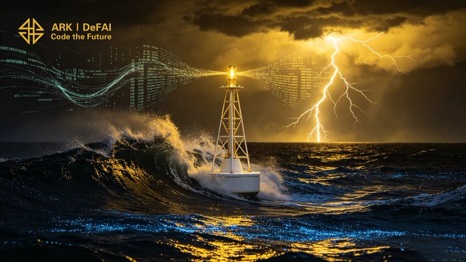 The image features a lighthouse standing tall amidst rough ocean waves during a stormy night. The lighthouse serves as a beacon of guidance, with its light piercing through the darkness and illuminating the surrounding waters. In the background, there are lightning bolts streaking across the sky, adding an element of danger to the scene. The post also includes text that reads "ARK I DEFI" and "Color the future". This suggests that the image is related to a project or initiative named Arkie I Defi, which aims to provide guidance and direction in the ever-changing landscape of Web3 technology.