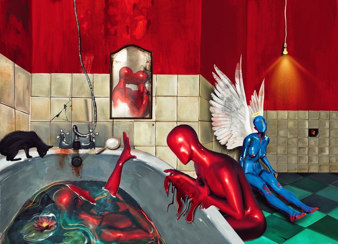 A surreal painting depicts a bathroom scene with a red humanoid figure sitting by a bathtub filled with dark liquid, a blue winged figure sitting on the floor, and a shadowy creature lurking nearby.