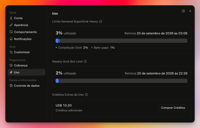 A dark-themed settings interface in Portuguese for Grok usage, showing a 'Limite Semanal SuperGrok Heavy' at 3% utilized and additional credit options for US$ 10,00.