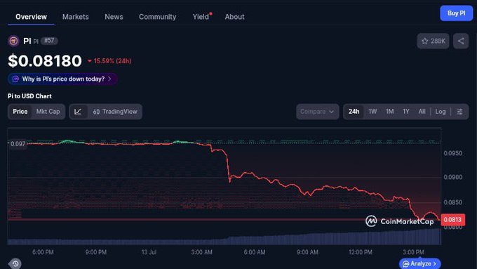 A CoinMarketCap price chart for **Pi ($PI)** shows a sharp 24-hour decline of **15.58%**, falling to **$0.08180** from roughly $0.097, with heavy red sell-off volume visible from 6:00 AM onward on July 13. The dramatic price drop visually reinforces the post's theme of widespread panic selling amid heavy selling pressure, while hinting at the "buy the dip" opportunity the author is pitching to fellow Pi Network Pioneers.