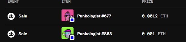 A marketplace interface showing two sales of NFTs: 'Punkologist #677' for 0.0012 ETH and 'Punkologist #863' for 0.001 ETH.