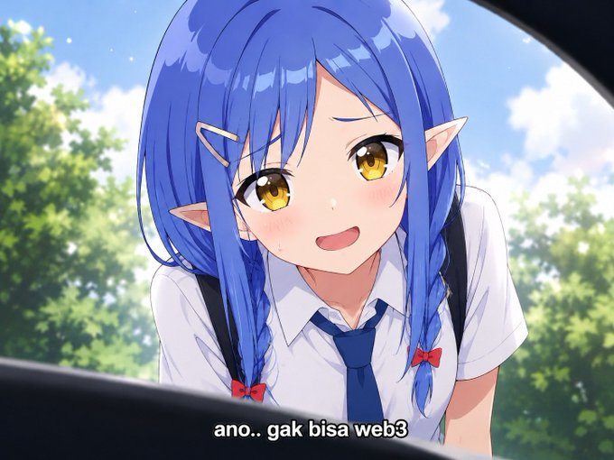 An anime-style character with blue braided hair and elf-like ears, wearing a school uniform and hat, leans forward with a confused expression against a backdrop of people. The caption "ano.. gak bisa web3" (Indonesian for "um.. I can't do web3") appears at the bottom, visually reinforcing the post's message about common self-doubt and misconceptions people have about needing specific IT skills to enter the Web3 space.