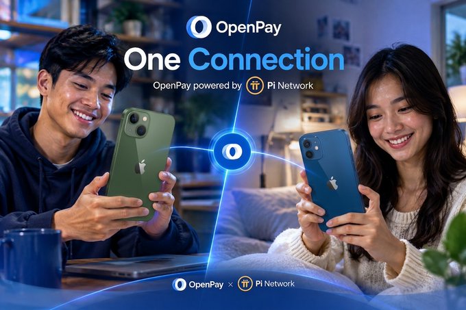 Two smiling people use iPhones while the OpenPay “O” logo connects them digitally, illustrating the message “One Connection” and “More Possibilities.” The graphic highlights OpenPay powered by Pi Network and promotes simple connect, send, receive, and pay services through the Pi ecosystem.