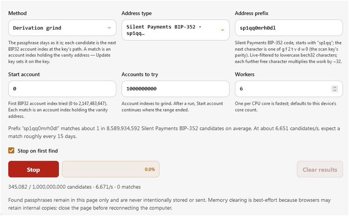 A web interface for deriving Bitcoin Silent Payments BIP-352 vanity addresses with prefix 'sp1qq0mrh0d1', currently grinding through candidates.