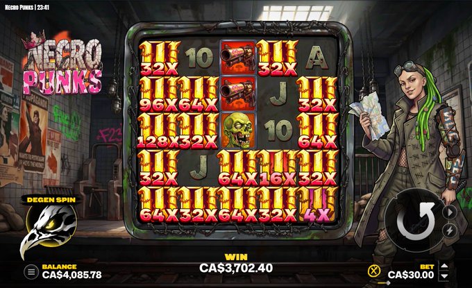 A screenshot of the "Neo Punks" slot game showing a "Degen Spin" win of CA$3,702.40 from a CA$30.00 wager, with a balance of CA$4,085.78 displayed, supporting the promotional post encouraging players to use code "VGOREFS" on Stake.