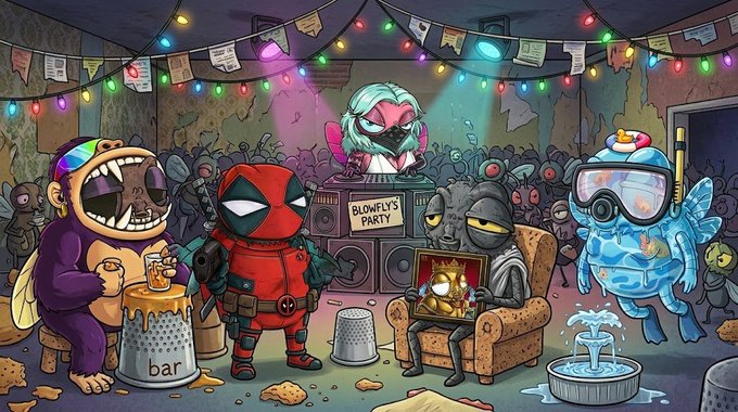 A whimsical cartoon illustration of various characters partying, including Deadpool, at 'Blowfly's Party' with string lights and a DJ setup.