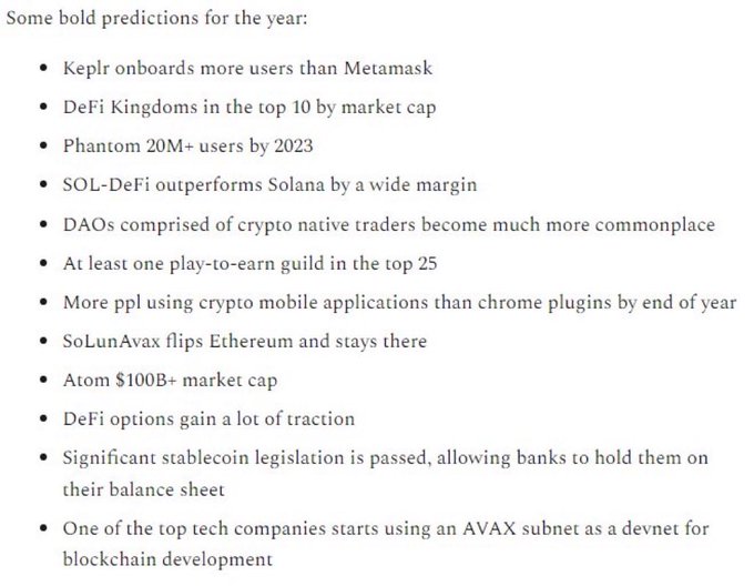 The image shows a list of bold crypto predictions for the year, including "Keplr onboards more users than Metamask," "DeFi Kingdoms in the top 10 by market cap," "Phantom 20M+ users by 2023," "SOL-DeFi outperforms Solana," "SoLunAvax flips Ethereum," "Atom $100B+ market cap," and "Significant stablecoin legislation is passed." 

The post uses these predictions as an example of why long-term crypto forecasts are largely negative expected value, since the space changes rapidly and most projects fail, so traders should instead follow hot narratives during bull cycles and exit when they fade.