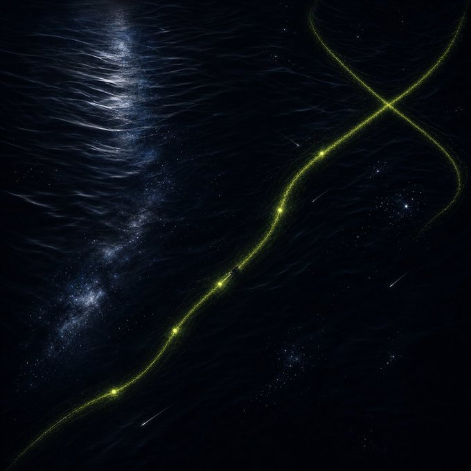 A cosmic scene featuring a glowing green vine-like trail of bright points crossing over dark rippling water that reflects a starry night sky.