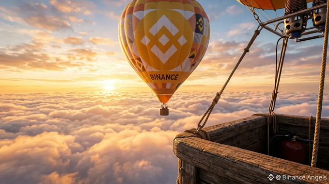 A hot air balloon branded with the Binance logo soars above a sea of golden clouds at sunrise, with the wicker basket of another balloon visible in the foreground, symbolizing Binance's worldwide reach and its vision of building the future of finance together across all corners of the globe. The watermark "@Binance Angels" appears in the lower right corner.
