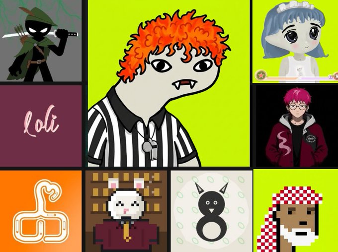 A collage of various digital artworks and characters, including a ninja, a referee with curly orange hair and fangs, an anime girl labeled 'loli', and several Minecraft-style avatars.
