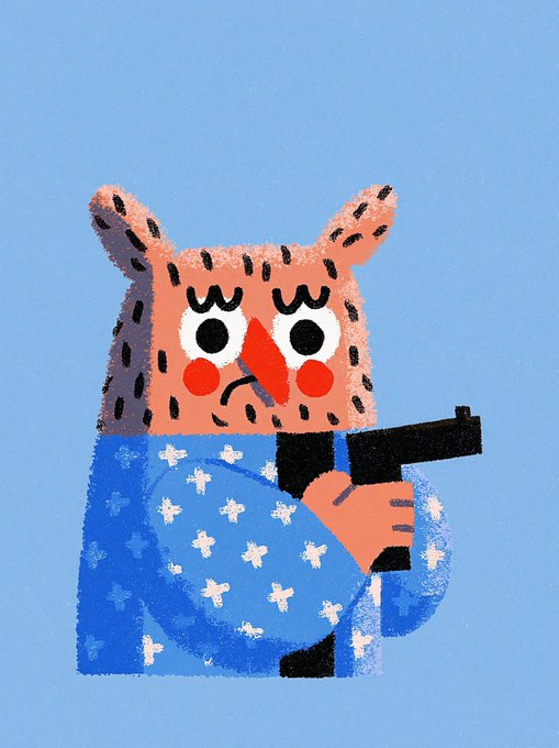 A whimsical illustration of a pink spotted creature wearing a blue shirt and holding a gun, set against a light blue background.