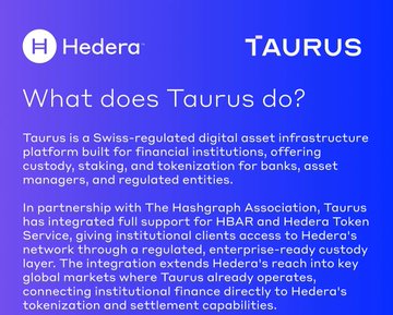 A Hedera and Taurus partnership graphic explaining that 'Taurus is a Swiss-regulated digital asset infrastructure platform built for financial institutions, offering custody, staking, and tokenization for banks, asset managers, and regulated entities' with full HBAR and Hedera Token Service support.